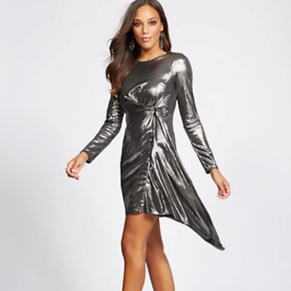 New York & Company Gabrielle Union Silver Shimmery Draped Dress - Picture 2 of 10